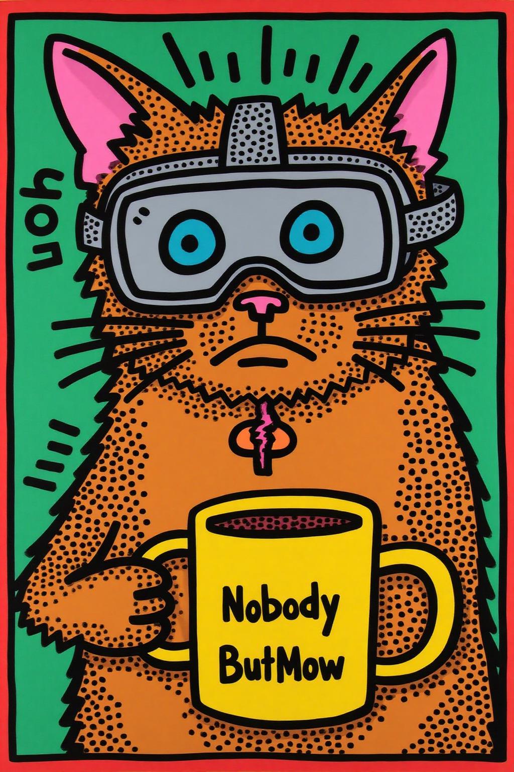 keithharing1 pop art illustration of Grumpy Cat holding a coffee mug, wearing a VR Headset. The mug has the phrase "NobodyButMeow" printed
 <lora:keithharing1_cap_d6a3:1.0><lora:834372469264510281:0>