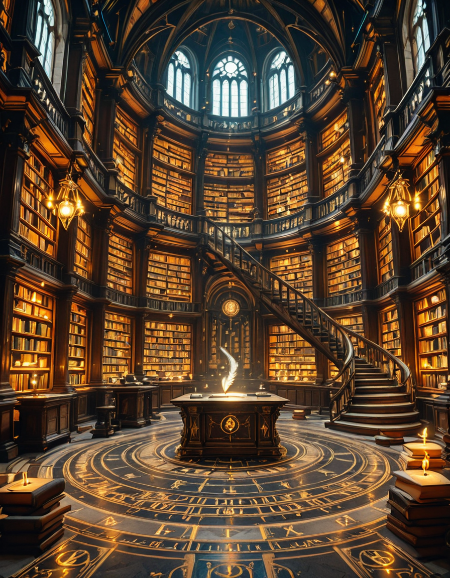 grand enchanted library filled with towering wooden bookshelves that stretch endlessly into the distance, packed with ancient, leather-bound books glowing with mystical runes. The atmosphere is illuminated by floating candles and ethereal blue and golden lights that hover in the air, casting a warm, magical glow. A spiral staircase made of dark oak winds upward, disappearing into the shadows of the high-vaulted ceiling adorned with intricate celestial carvings. Wisps of enchanted mist swirl around the floor, while some books levitate gently from shelf to shelf, as if guided by an unseen force. The air shimmers with dust particles suspended in soft, golden light filtering through stained glass windows, depicting mythical creatures and arcane symbols. The scene is rich in deep, warm tones of mahogany, gold, and sapphire, evoking a sense of wonder, mystery, and timeless knowledge. The image is highly detailed and photorealistic, capturing the textures of the aged books, the glow of magical elements, and the enchanting stillness of this mystical sanctuary of wisdom.
<lora:SDXLFaeTastic2400:0.4> <lora:extremely_detailed:0.4> extremely detailed,<lora:3nch4nt3d_l1br4ry-ill:1>,3nch4nt3d l1br4ry, Masterpiece,best quality,hi res,8k,hi res,8k,award winning,(sharp focus, intricate, highly detailed),