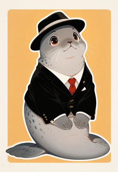 no human , cute , animal , feral , ((solo)), seal , fedora hat , suit , chubby, no leg ,
masterpiece, best quality ,amazing quality ,haiz_ai , no lineart ,no outline, vfaix, ((Classicism art , Classical art)) ,
