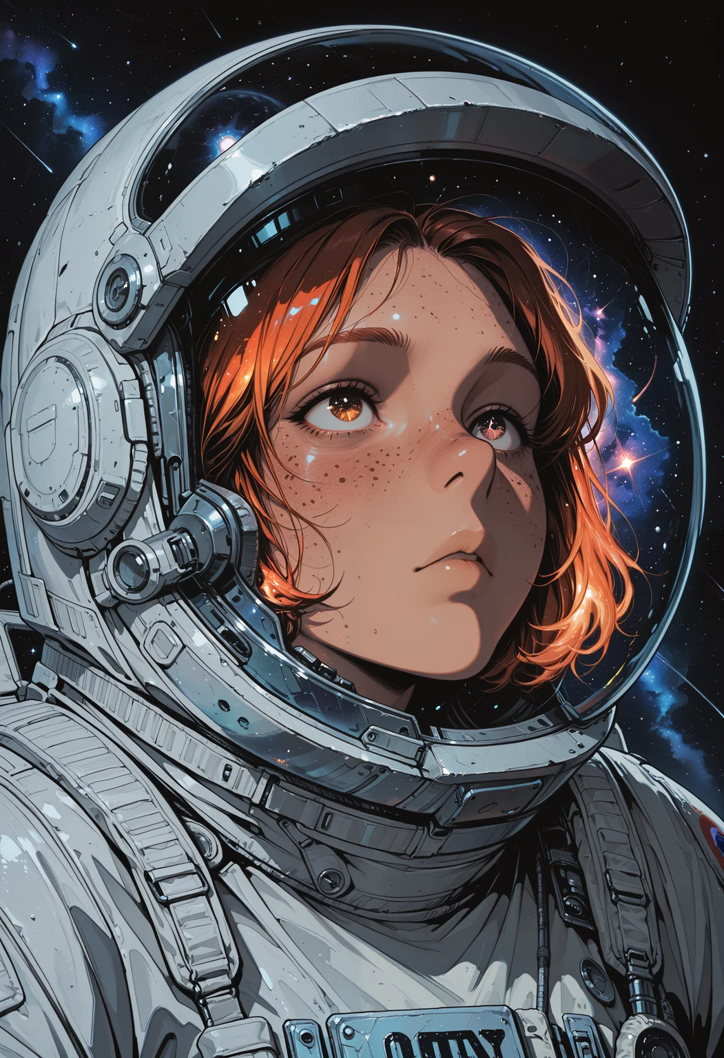 embedding:IllusP0s, codex sss chroma
1girl, solo, close-up, looking_up, astronaut, space_suit, space_helmet, helmet_on, short_hair, freckles, stars, galaxy, reflection, helmet_visor, nebula, dark_background