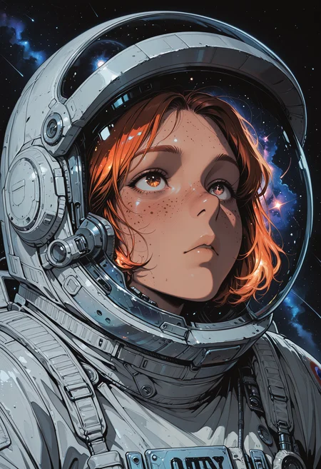embedding:IllusP0s, codex sss chroma
1girl, solo, close-up, looking_up, astronaut, space_suit, space_helmet, helmet_on, short_hair, freckles, stars, galaxy, reflection, helmet_visor, nebula, dark_background