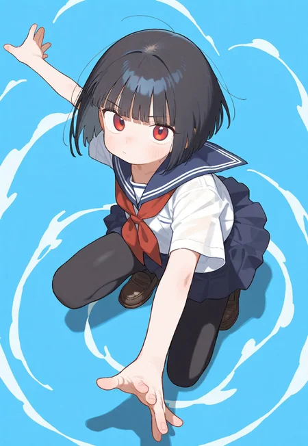 masterpiece, best quality, amazing quality, absurdres, newest,
1girl, solo, black hair, bobcut, red eyes, blunt bangs, sailor's uniform, blue vertical background, popping out of background, full body, [[stretched arms]:0.6],
from above, kneeling on one knee, windy,
dynamic pose, [[[heroic pose]]:0.35],

black tights,
skinny upper body, matte black tights, thick black tights, loafers, [skinny upper body], translucent skin, [[chubby thick legs]:0.7], bottom heavy,