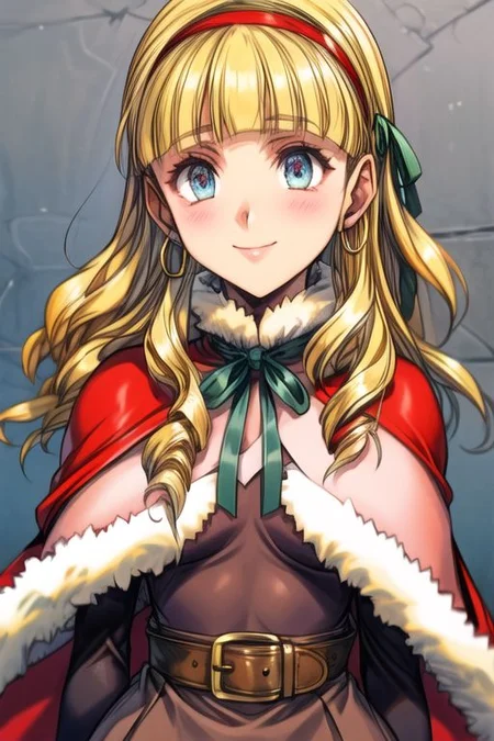 (best quality) , (highly detailed) ,masterpiece ,absurdres ,detailed face ,beautiful face ,(detailed eyes, deep eyes, anime eyes) ,1girl , solo, upper body, slight smile, small breasts
CatherineDigimon, 1girl, solo, long hair, blonde hair, long sleeves, red dress, red hairband, blunt bangs, fur trim, redcapelet, drill hair, blue eyes, green ribbon, fur-trimmed capelet, headband, jewelry, belt, cape, hoop earrings, blue skirt, brown shoes, Cape, Smile, Happy,