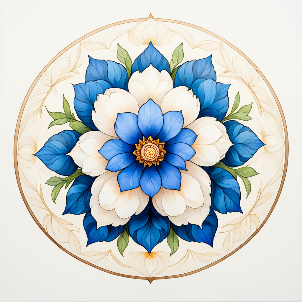 <lora:ArtNouveau2SDXL:1> ArsMJStyle, art nouveau,, The image shows a painting of a flower mandala on a white background created by artist Sarah B., flower, still life, no humans, leaf, white background, simple background, round image, blue flower, white flower, peony (flower)