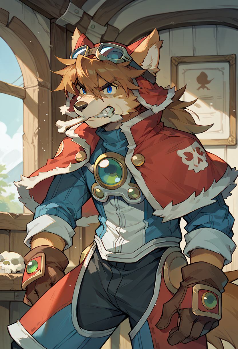 score_9, score_8_up, score_7_up, high res, best quality, red_savarin_solatorobo, furry, goggles, solo, 1boy, blue eyes, brown hair, capelet, gloves, angry, bone in mouth, inside, room, broken,<lora:Red_Savarin_Solatorobo:1>