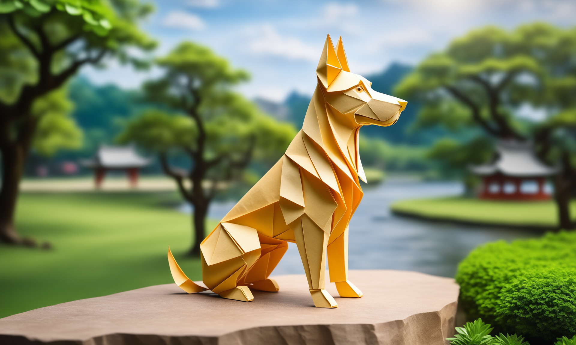 origami style <lora:papercarvingcd_xl-000005:0.6>,a handmade sculpture of a dog made of papercarvingcd_xl in office scene,full body,scenery,tree,river,stone,lawn,miniature,tilt-shift,indoors,chinese zodiac,wooden table,cutie,cute,still life,animal statue,front view,facing viewer,looking at viewer,8K,HDR,UHD,masterpiece,best quality,highly detailed,high resolution,finely detail,extremely detailed,ultra detailed,wallpaper . paper art, pleated paper, folded, origami art, pleats, cut and fold, centered composition