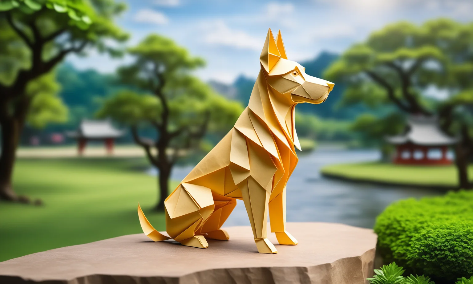 origami style <lora:papercarvingcd_xl-000005:0.6>,a handmade sculpture of a dog made of papercarvingcd_xl in office scene,full body,scenery,tree,river,stone,lawn,miniature,tilt-shift,indoors,chinese zodiac,wooden table,cutie,cute,still life,animal statue,front view,facing viewer,looking at viewer,8K,HDR,UHD,masterpiece,best quality,highly detailed,high resolution,finely detail,extremely detailed,ultra detailed,wallpaper . paper art, pleated paper, folded, origami art, pleats, cut and fold, centered composition