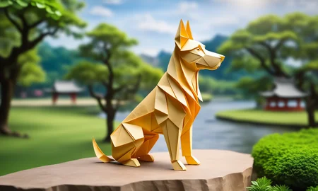 origami style <lora:papercarvingcd_xl-000005:0.6>,a handmade sculpture of a dog made of papercarvingcd_xl in office scene,full body,scenery,tree,river,stone,lawn,miniature,tilt-shift,indoors,chinese zodiac,wooden table,cutie,cute,still life,animal statue,front view,facing viewer,looking at viewer,8K,HDR,UHD,masterpiece,best quality,highly detailed,high resolution,finely detail,extremely detailed,ultra detailed,wallpaper . paper art, pleated paper, folded, origami art, pleats, cut and fold, centered composition