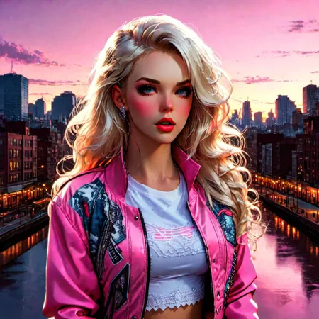 Beautiful maiden, long blonde hair, pink jacket, aesthetic, intricate city background, citypunk, pinkcore, cool vibes, hyperdetailed, photorealistic, dynamic lighting, inspired by pinterest art