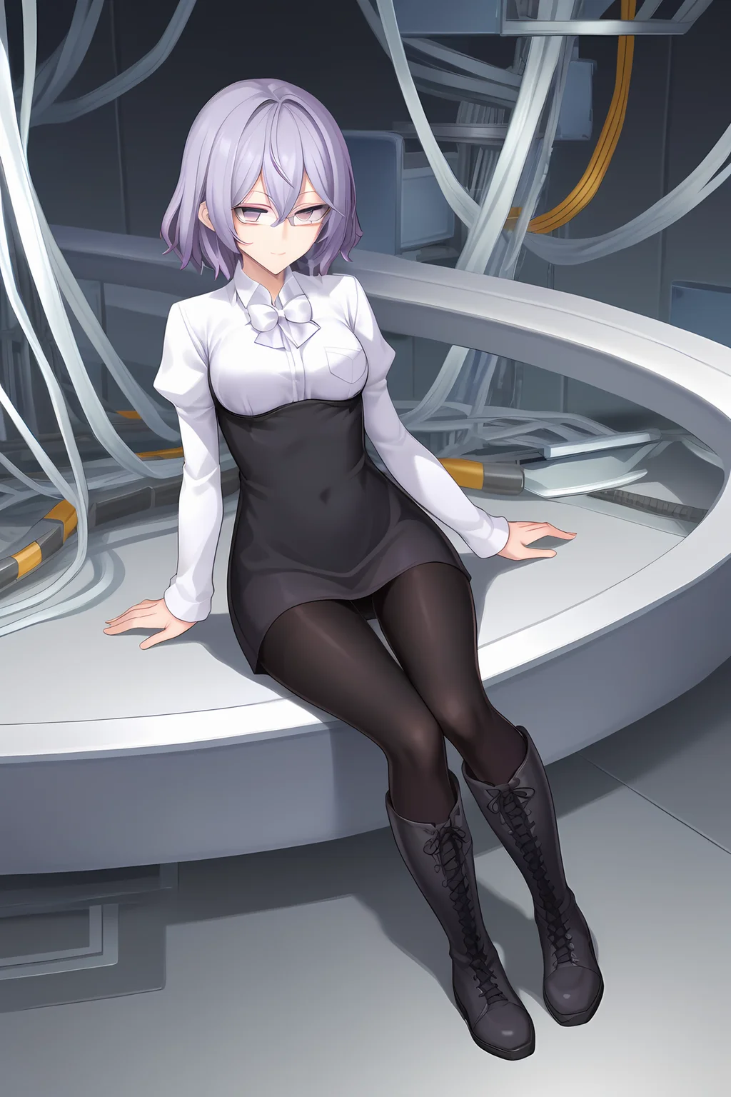 (black dress short dress white shirt long sleeves black pantyhose white knee boots bowtie), dsc-mirei, purple hair, purple eyes, glasses, medium hair, medium breasts, 1girl, solo, skinny, score_9, score_8_up, score_7_up, score_6_up, score_5_up, source_anime, lewd, science fiction, (1.3::full body|sitting|standing|lying|0.6::close-up| :1.20), , <lora:dsc-mirei-V01-000004:0.90>