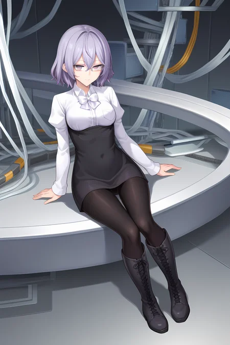 (black dress short dress white shirt long sleeves black pantyhose white knee boots bowtie), dsc-mirei, purple hair, purple eyes, glasses, medium hair, medium breasts, 1girl, solo, skinny, score_9, score_8_up, score_7_up, score_6_up, score_5_up, source_anime, lewd, science fiction, (1.3::full body|sitting|standing|lying|0.6::close-up| :1.20), , <lora:dsc-mirei-V01-000004:0.90>