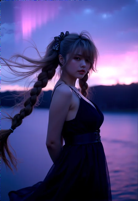 photorealistic photography
woman with hair flowing long twintails, braided bangs, beige hair,wearing ornate hair scrunchie, voluptuous, standing looking at viewer, hair over one eye, seductive smile,arms behind back, outdoors, scenery, expressive eyes, reflective and emotional gaze, detailed background with aurora borealis, purple and blue tones, highly detailed, atmospheric, strong wind, dim lighting, cheerful expression
cinematic lighting, extremely intricate detail character, accurate depiction of character, correct body anatomy, correct hands and fingers, extremely intricate skin and facial texture detail, design,lifelike potrayal, extrememly realistic lighting, extreme dynamic pose, sfw, fully clothes, sharp background detail, wide shot