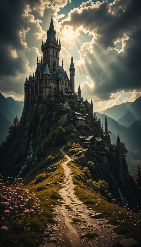 A majestic, gothic-style stone castle with countless spires and towers stands dramatically on top of a steep rocky cliff, overlooking a peaceful medieval village made of rustic wooden cottages. A winding dirt path leads from the foreground, through wildflowers and grass, up to the village below the imposing castle. The atmosphere is moody and cinematic, with dark, swirling storm clouds overhead and rays of sunlight piercing through, highlighting the details of the castle and the surrounding forested hills. The entire scene feels like a moment frozen in a dark fairytale, blending realism with a slightly enchanted gothic tone.
G0thicL1nes, R3alism