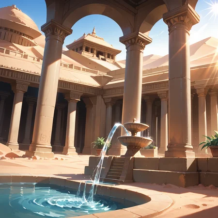 score_9, score_8_up, score_7_up,source_anime, depth of field, lens flare, <lora:Desert_Temple:0.7> destb, scenery, desert, temple, water fountain, dutch angle,