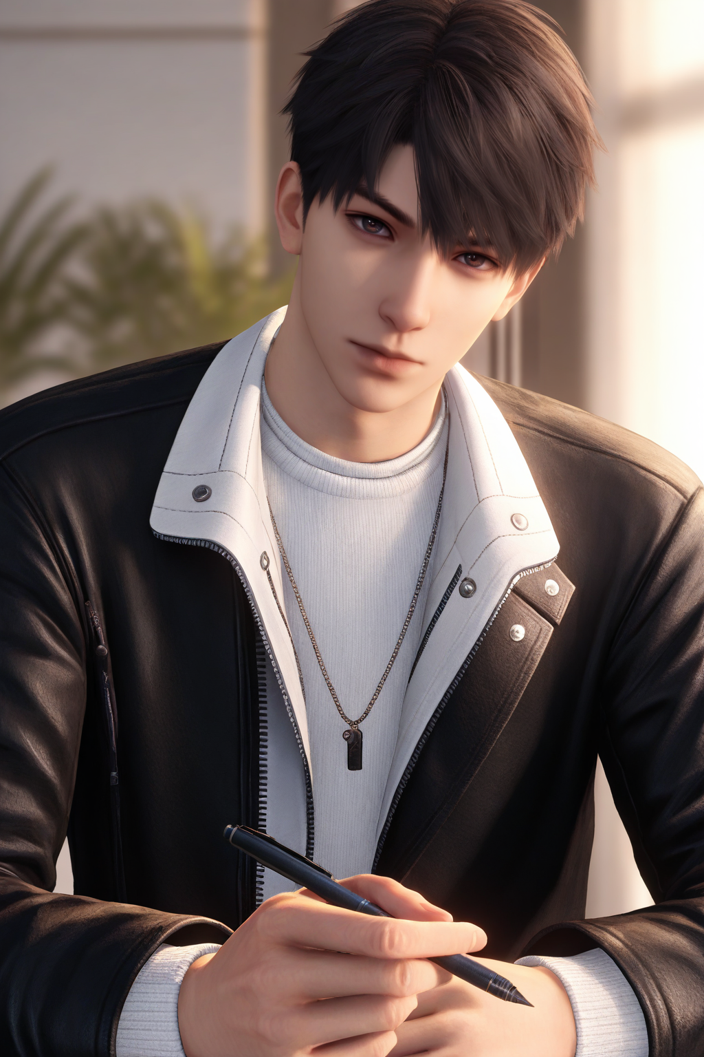 <lora:caleb-NAI:0.7>,caleb, 1boy, male focus, solo, short hair, looking at viewer, jewelry, closed mouth, necklace, upper body, jacket, blurry, holding, blurry background, black jacket, head tilt, pen, leather jacket, white sweater, zipper, black hair, yaoi,bara,male focus,very awa,masterpiece,best quality,amazing quality,nsfw,uncersored,highres,best quality,amazing quality,best aesthetic,absurdres,