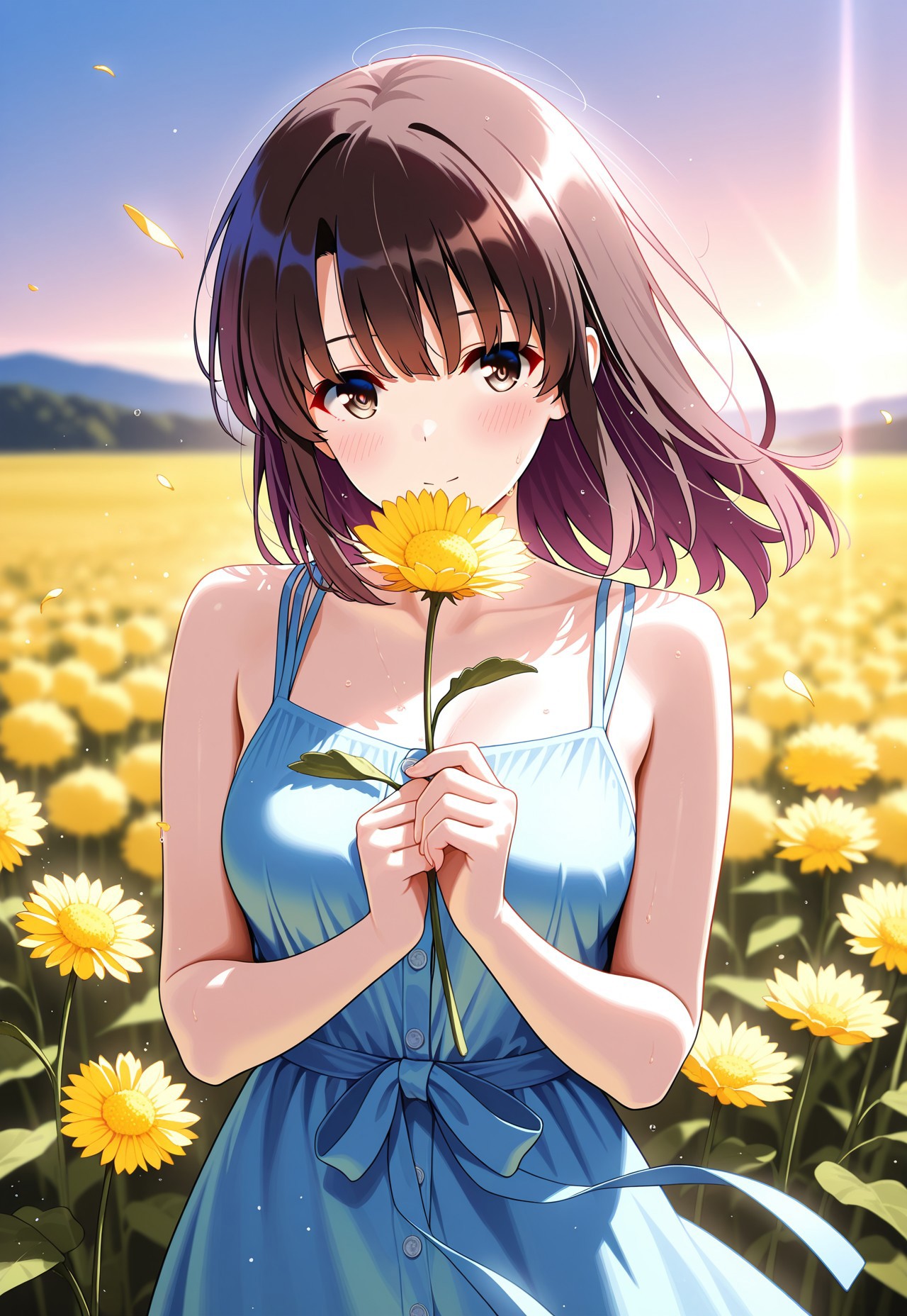 masterpiece, best quality, amazing quality, very aesthetic, absurdres, highres, newest, HDR, 8K, 

digital_art, illustration, serene_mood, blurry_background, depth_of_field, cinematic_composition, masterpiece, best_quality, detailed, high_resolution, soft_lighting, a tender moment, (, solo, 1girl, katou megumi, saenai heroine no sodatekata, brown eyes, brown hair, long hair, blue sundress, sleeveless), soft sunlight bathing them in golden-hour warmth, hair swirling in the breeze, wearing a vibrant sundress dotted with wildflowers, Surrounding them is a sunlit meadow filled with blooming poppies and dandelion seeds floating in the air, looking_at_viewer,perfect hands volumetric lighting, smooth shading, glossy surfaces, subtle lighting,