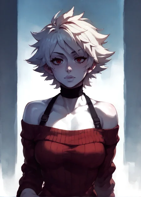 white skins, spiky red short tomboy hair, neutral expression, tight sweater, <lora:NAHIRI:1> nahiri, 1girl, solo, short hair, breasts, bare shoulders, white hair, colored skin, <lora:RD-MAnon-XLV1.1:1> female,, source_anime, score_9_up, score_7_up, score_8_up