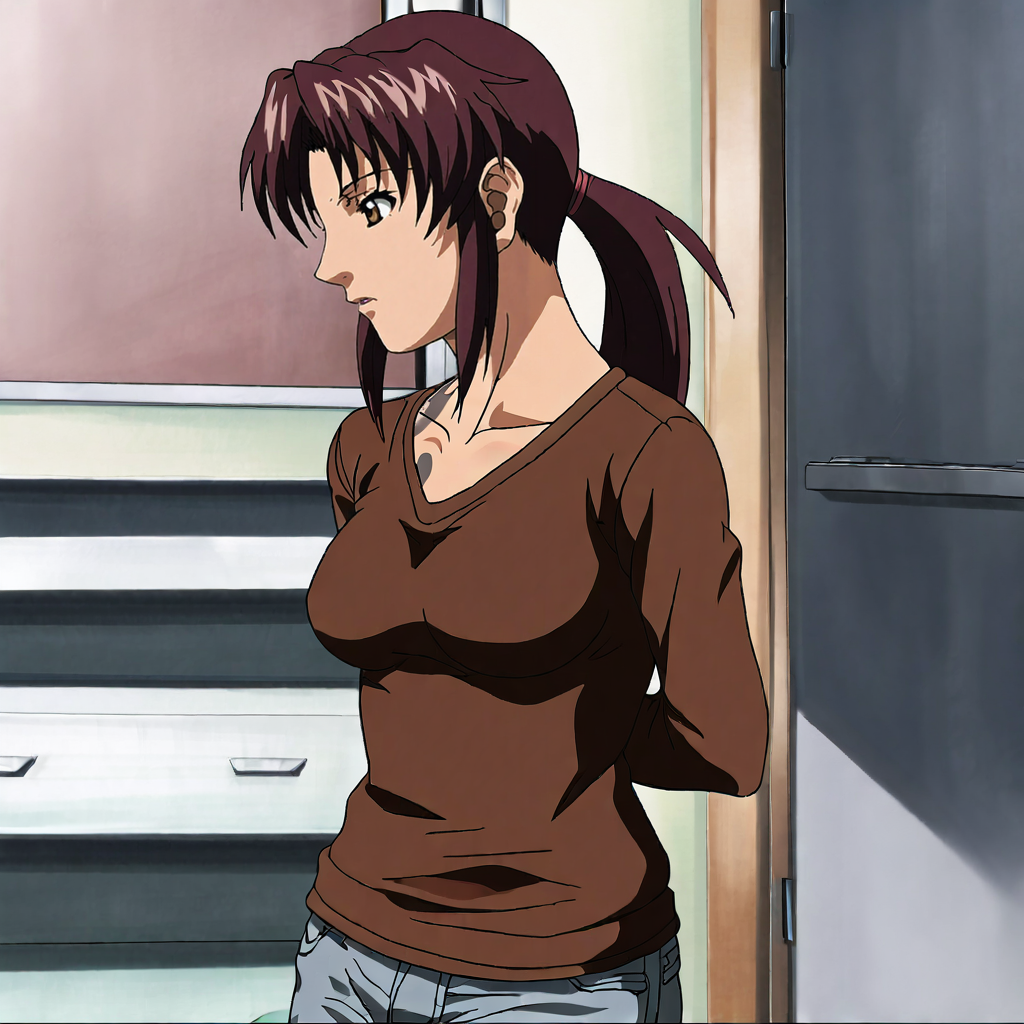 <lora:Rexy_pony_v1:.9>Rexy, 1girl, revy (black lagoon), anime coloring,  brown hair, ponytail,  brown eyes, long hair, breasts, cowboy shot, sweater, jeans