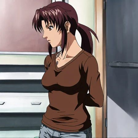 <lora:Rexy_pony_v1:.9>Rexy, 1girl, revy (black lagoon), anime coloring,  brown hair, ponytail,  brown eyes, long hair, breasts, cowboy shot, sweater, jeans