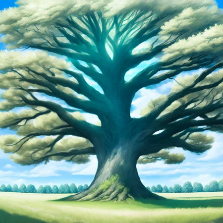 anime A large Tree stands in the center of a field (TreePhoto style:1) <lora:djzTreePhoto:0.8)