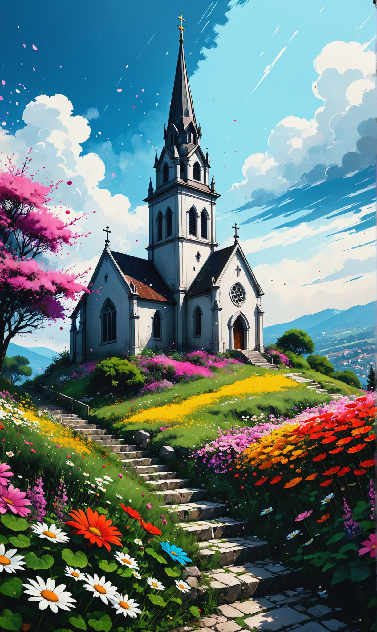 An old church on a hill serrounded by flowers, hyper detailed water color digital painting, ink splatter, splash art by Waterhouse, intricate details, Debbie Boom, Marc Allante, Wadim Kashin, reimagined and restyled by Anton Fadeev, deep color, depth of field, maximalism by Minjae Lee, CGSociety, rich contrast, Behance HD, Photoshop after effects<lora:xl_more_art-full_v1:0.3>