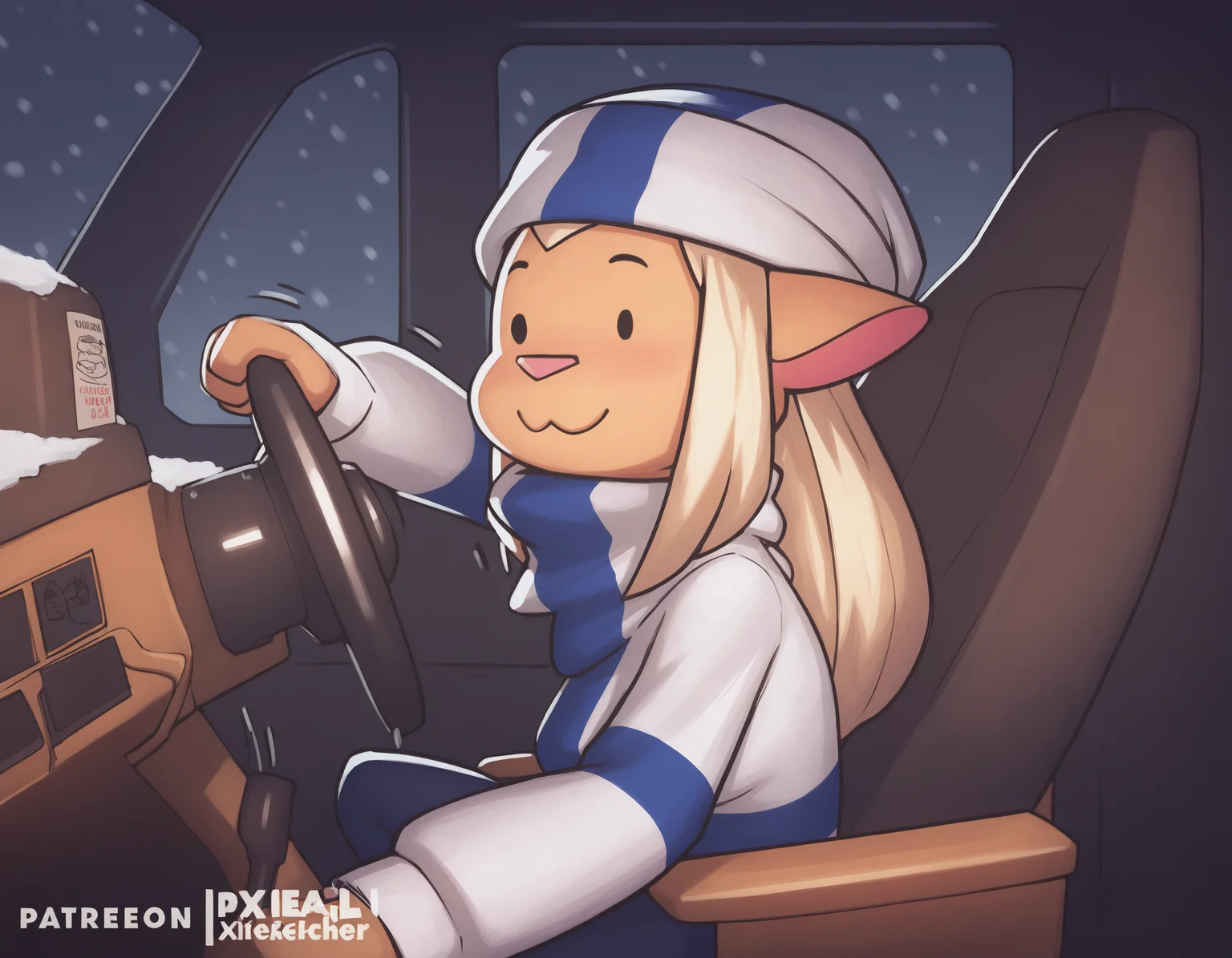 (artist: pixelsketcher :1),
masterpiece, best quality, newest, absurdres, highres, detailed background,
detailed background, tractor interior, steering wheel, windows, snowing, motion lines,
1girl, solo, mimmisuomi,
blonde hair, long hair, sidelocks, medium breasts, blue eyes, (solid circle eyes:1),
from side, looking ahead, :3, holding steering wheel, flag print, finnish flag, sweater, beanie, yoga pants,
<lora:mimmi 2550 steps:1>