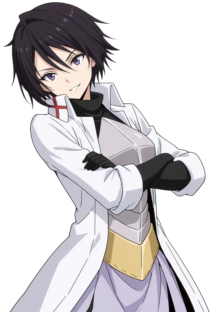 Smooth Quality,masterpiece,very intricate, high quality details, ultra realistic, high detailed skin,detailed enviorement,absurdres,
simple background, white background,
standing, arms crossed, head tilt, serious, balanced stance, confident,  ,front view,grin,solo,
 <lora:Hinata_Sakaguchi_cnn:0.8> hintatacnn, 1girl,black hair, short hair,purple eyes,hair between eyes, saintcnn,