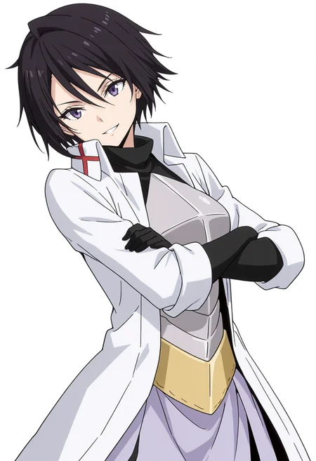 Smooth Quality,masterpiece,very intricate, high quality details, ultra realistic, high detailed skin,detailed enviorement,absurdres,
simple background, white background,
standing, arms crossed, head tilt, serious, balanced stance, confident,  ,front view,grin,solo,
 <lora:Hinata_Sakaguchi_cnn:0.8> hintatacnn, 1girl,black hair, short hair,purple eyes,hair between eyes, saintcnn,