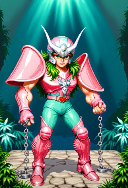score_9, score_8_up, score_7_up, score_6_up, score_5_up, score_4_up, dkcstyle, pixel art, source_anime, 1boy, andromeda shun, anshun, toned male, (slim:1.3), (simple eyes:1.4), pink sleeveless armor, long wavy green hair, pink helmet with two prongs and silver accents, pink vambraces, large pink pauldrons, fingerless pink gloves, pink thighhigh greaves, green pants, pink boots, stylized belt buckle with silver and pink accents, 80's, retro aesthetic, action pose, hand up, (shiny:2), holding chains,