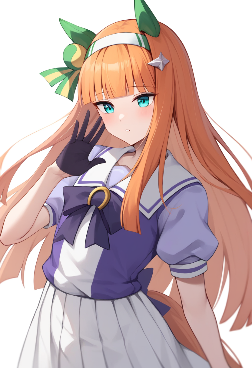 score_9,score_8_up,score_7_up,<lora:fumamusume_all:1>,1girl, aqua_eyes, black_gloves, black_panther, blue_eyes, blunt_bangs, ear_covers, highres, horse_ears, horse_girl, long_hair, orange_hair, pleated_skirt, silence_suzuka_\(umamusume\), simple_background, solo, white_background, white_hairband, white_shirt, white_skirt