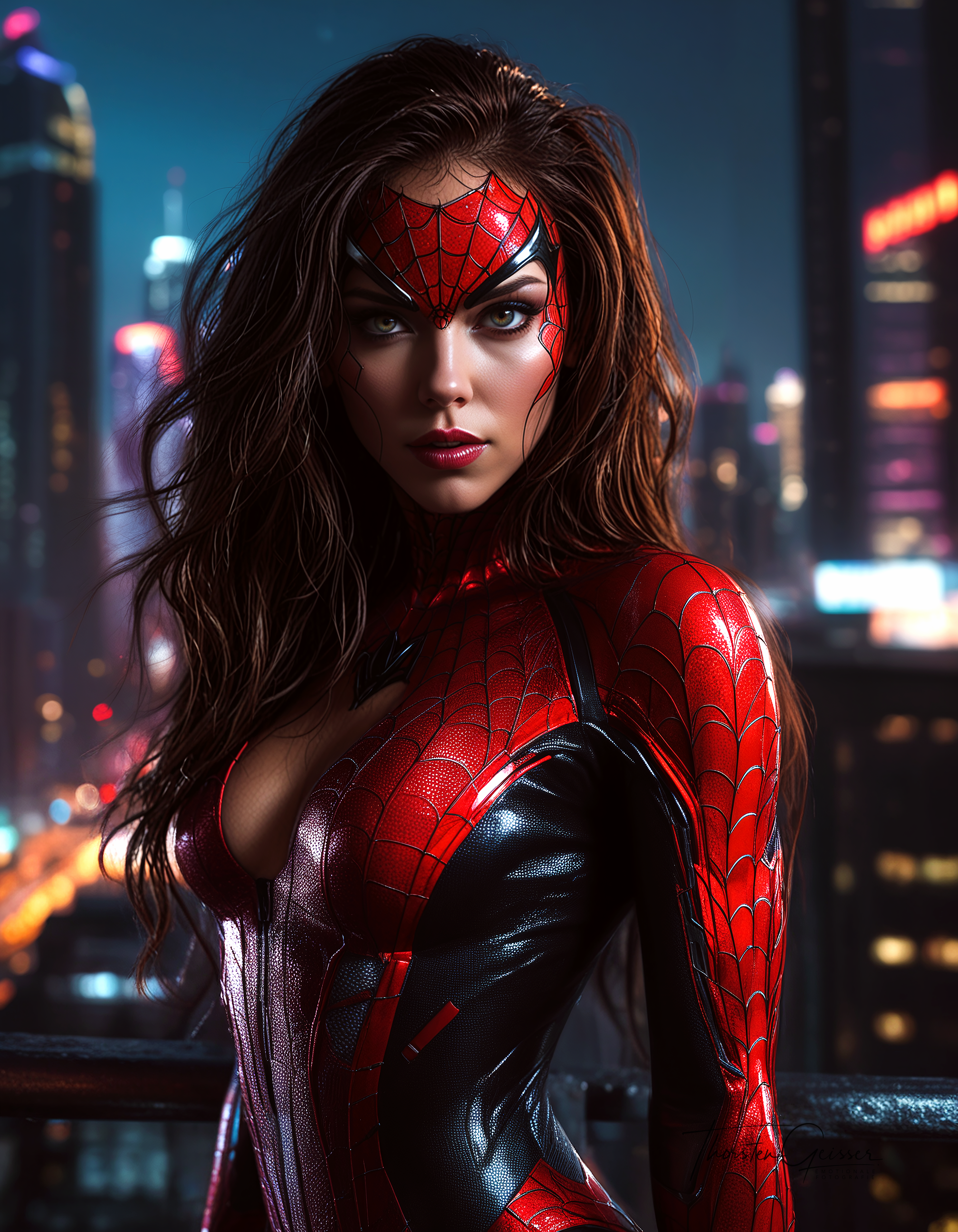 cyberpunk cityscape A photorealistic portrait of a stunningly beautiful Spider-Woman, her alluring features accentuated by her form-fitting, web-patterned suit. Her eyes, a mesmerizing shade of red or black, sparkle with a mischievous glint, hinting at her superhuman abilities and playful nature. Her long, flowing hair cascades over her shoulders, framing her face with an air of mystery and intrigue. Her pose is confident and seductive, showcasing her athletic physique and powerful presence. The background is a dimly lit cityscape, with towering skyscrapers and neon lights creating a dramatic backdrop. The lighting is dramatic, highlighting the contours of her body and the intricate details of her costume.  <lora:MJ52.safetensors:0.00>     . neon lights, dark alleys, skyscrapers, futuristic, vibrant colors, high contrast, highly detailed
