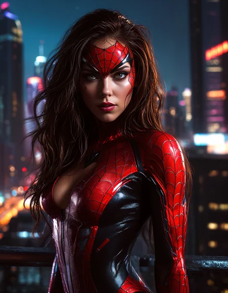 cyberpunk cityscape A photorealistic portrait of a stunningly beautiful Spider-Woman, her alluring features accentuated by her form-fitting, web-patterned suit. Her eyes, a mesmerizing shade of red or black, sparkle with a mischievous glint, hinting at her superhuman abilities and playful nature. Her long, flowing hair cascades over her shoulders, framing her face with an air of mystery and intrigue. Her pose is confident and seductive, showcasing her athletic physique and powerful presence. The background is a dimly lit cityscape, with towering skyscrapers and neon lights creating a dramatic backdrop. The lighting is dramatic, highlighting the contours of her body and the intricate details of her costume.  <lora:MJ52.safetensors:0.00>     . neon lights, dark alleys, skyscrapers, futuristic, vibrant colors, high contrast, highly detailed