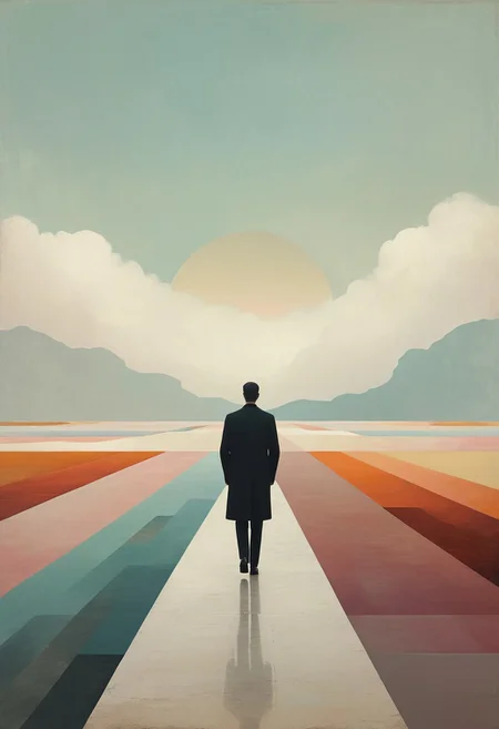 A pale landscape stretches into the distance, where a faceless silhouette walks toward a horizon of fragmented color fields. Soft, melancholic hues blend with symbolic textures and faint architectural outlines., early 20th-century symbolism, muted color palette, emotional introspection, surreal figuration, layered textures, abstract elements, minimalist surrealism, expressive faces, subtle melancholy, vintage aesthetic, modern abstraction, soft brushwork, conceptual forms, poetic atmosphere, dreamlike composition, moody backgrounds, contemporary symbolism