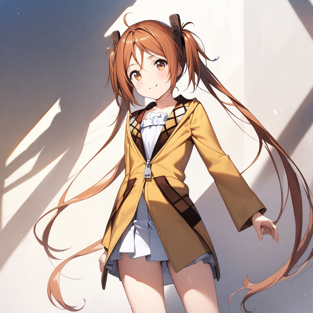 aihara_enju, brown hair, brown eyes, black hair clip, twin tails, long hair, flat chested, white dress, orange jacket, white pleated skirt, cowboy shot, <lora:XL-AiharaEnju:1>, (masterpiece),(best quality),(ultra-detailed),(best illustration),(best shadow),(absurdres),(detailed background),(very aesthetic),