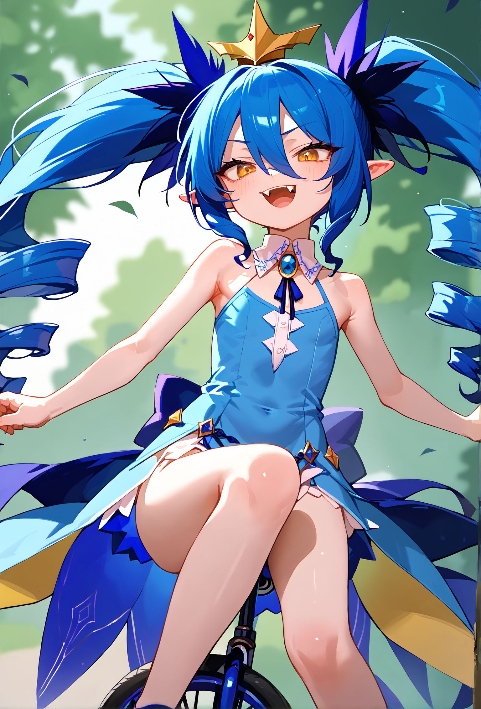 score_9,score_8_up,score_7_up,masterpiece, best quality, <lora:WHM 0.2v:0.5>, WHM, 2D,anime,anime coloring, 
<lora:unicycle_pony_V1.0:1> unicycle, ridingãï½ãï½ï½
lewisia, bangs, blue hair, drill hair, fangs, hair between eyes, long hair, pointy ears, twin drills, twintails, yellow eyes,<lora:LewisiaXL_byKonan:0.9>flat chest, crown,