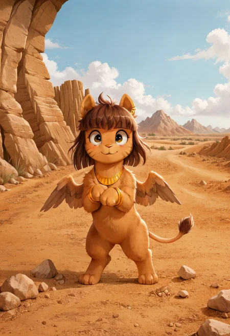 full body, ((solo)), furry, fluffy, fluffy fur, perfect eyes, zPDXL3, ((action_pose:1.5)), sfw,
cute female furry feral chibi m4gp1e, bipedal, blushing, rocks, source_furry, m4gp1e, sphinx, feral, jewelry, bracelets, wings, smiling,
(((outside desert mountain))),
(high detailed face), (high art quality), (high detailed), 4k, (high resolution), (8k resolution), masterpiece, best quality, ((scenery)), detailed background