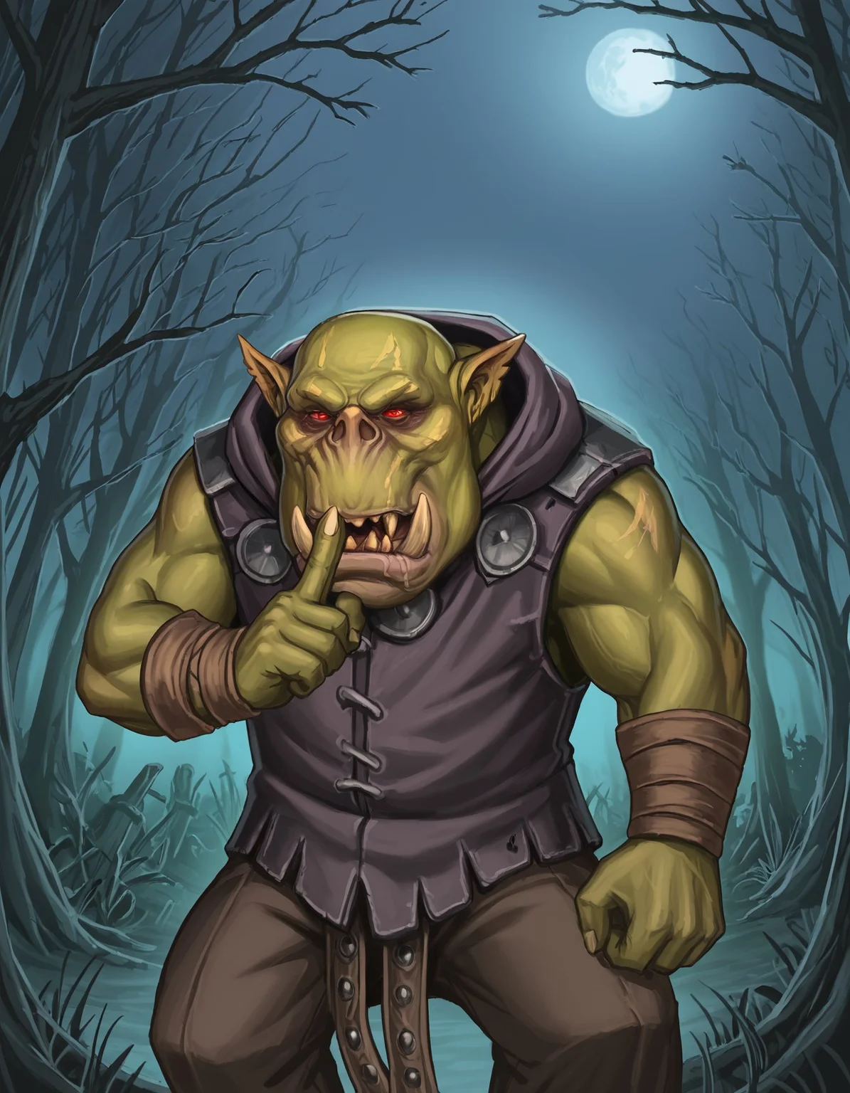 score_7_up, score_6_up, a20t43c-dh, dutch angle BREAK, squating, in ambush, shushing, finger to mouth, index finger raised,OrcBoyz,green skin, tusks, red eyes, purple clothes, , armor, hooded, dark forest, dark night <lora:Artist_Style_-_a20t43c:1> <lora:add-detail-xl:0.3> <lora:Orc_Boyz_PonyXL:0.8> <lora:shushing-ponyxl-lora-nochekaiser:1>