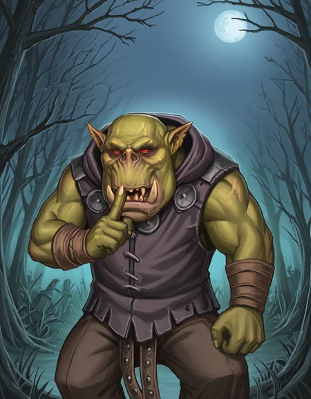 score_7_up, score_6_up, a20t43c-dh, dutch angle BREAK, squating, in ambush, shushing, finger to mouth, index finger raised,OrcBoyz,green skin, tusks, red eyes, purple clothes, , armor, hooded, dark forest, dark night <lora:Artist_Style_-_a20t43c:1> <lora:add-detail-xl:0.3> <lora:Orc_Boyz_PonyXL:0.8> <lora:shushing-ponyxl-lora-nochekaiser:1>