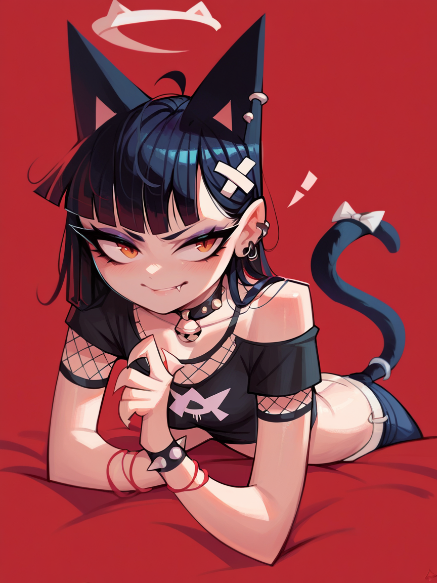 score_9, score_8_up, score_7_up, score_6_up, score_5_up,  <lora:4nd43rzXLP:0.8> 4nd43rz, 1girl, cat ears, cat tail, goth, red background