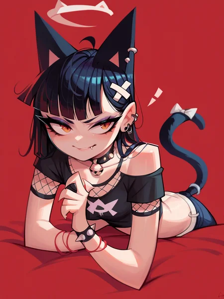 score_9, score_8_up, score_7_up, score_6_up, score_5_up, <lora:4nd43rzXLP:0.8> 4nd43rz, 1girl, cat ears, cat tail, goth, red background