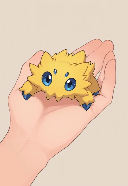 masterpiece, best quality, amazing quality, very aesthetic, absurdres, PKMN_Joltik,1other, solo, no humans, pokemon focus, yellow body fur, blue eyes, blue claws, full body, looking at viewer, pov hands, holding pokemon, simple background,