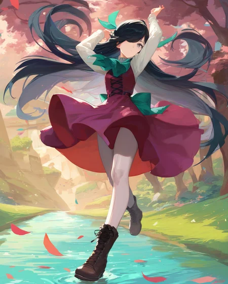 (zPDXL2), score_9, score_8_up, score_7_up, source_anime, 1girl, solo,
<lora:HayashimoPony:0.8>, HayashimoPony, long_hair, black_hair, grey_eyes, hair_over_one_eye, small_breasts, straight_hair,
white_shirt, grey_pantyhose, dress, boots, cross-laced_footwear, purple_dress, green_bow, white_hair_ribbon |