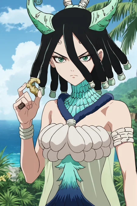 score_9, score_8_up, score_7_up, illustration, source_manga, rating_safe, r3tr0XLP ,<lora:r3tr0XLP:0.7> 1girl, solo, slimes_kirisame, hair between eyes, black hair, dreadlocks, teal smooth horns, green eyes ,serious expression, hand raised, holding metal, upper body, <lora:SlimesKirisame:1.0>, break, in a tropical village
