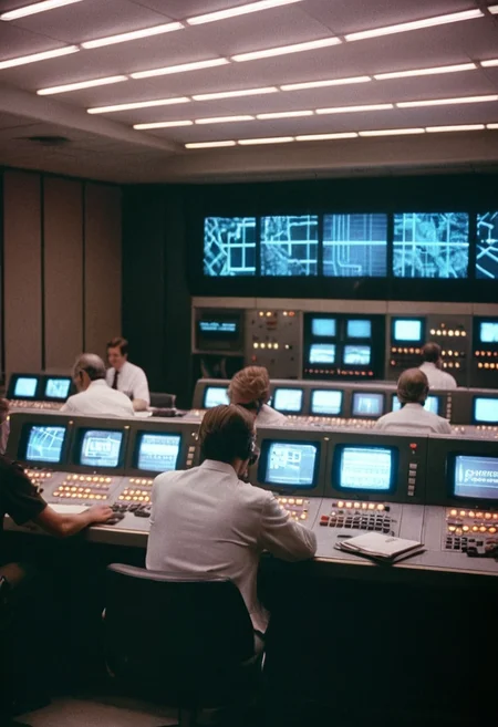 ControlRoom, consoles, lights, screens, neon lights, people, highly detailed, 4K, (stylish grainy analog 35mm film photo)