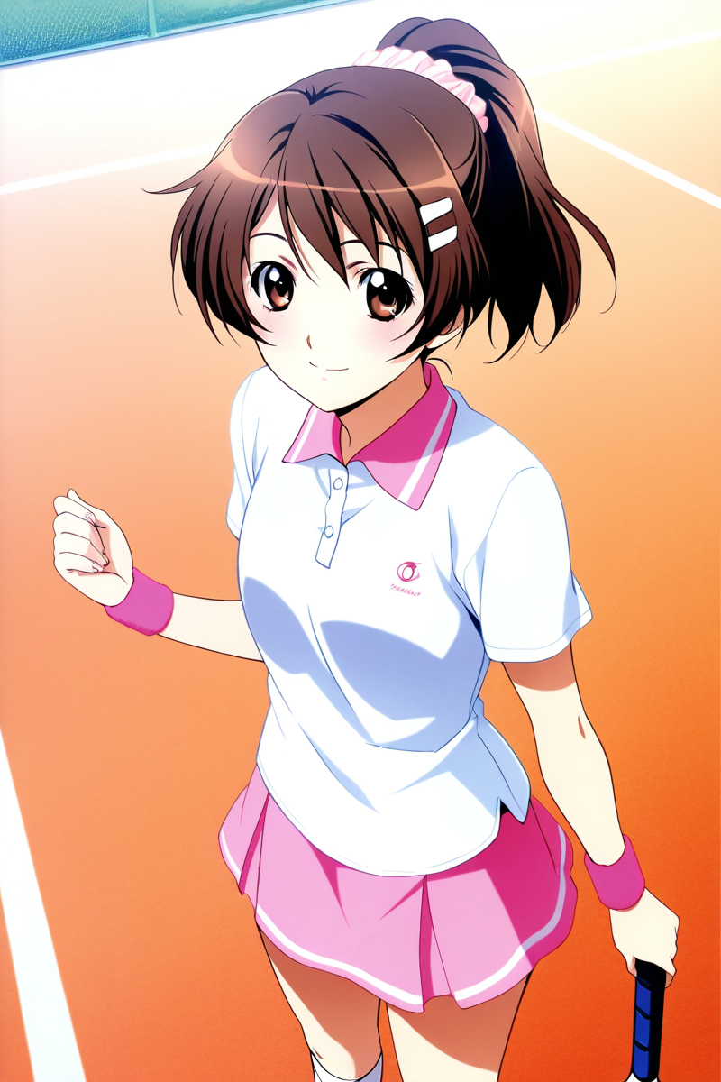 <lora:Niimi_Haruka_PHTKN_Illus:1>niimi haruka, outfit 3, tennis uniform, 1girl, solo, short hair, skirt, brown hair, shirt, brown eyes, standing, ponytail, outdoors, shoes, socks, kneehighs, scrunchie, white socks, wristband, sneakers, pink skirt, sportswear, polo shirt, cowboy shot, smile, untucked shirt, young adult, 1girl, looking at viewer,  seo kouji,