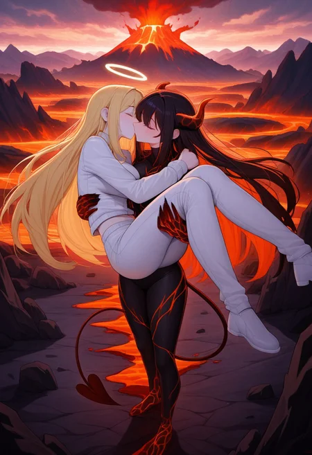 XUER guangying, good quality, best quality, highres, masterpiece, blush, (2girls, angel and demon, angel holding demon) medium breasts, extremely long hair, angel, white clothing, yellow hair, pale skin, happy, kissing, athletic, cuddling, vibrant colors, perfect face, (((Princess carry))), happy, horny, in love, ((standing, mountains, volcano background, dark ground, lava in background, cloudy day)), 5fingers, good hands, closed mouth, cuddling, head on shoulder, in love, romantic, midriff, lesbians, yuri, floppy demon tail, full body, dynamic hair, ((cuddling, tight hug))