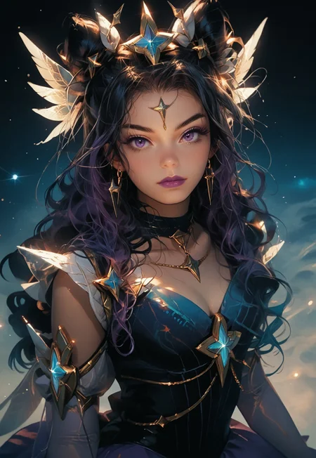 safe_pos, score_9, score_8_up, score_7_up, score_6_up, rating_explicit, score_9, score_8_up, score_7_up, A large majestic mountain with a village resting at its summit, a beautiful girl yodeling, subsurface scattering, Photorealistic, Hyperrealistic, analog style, realistic, film photography, soft lighting, photo, cinematography, high resolution, 8k, SyndraSGPrestigeXL, purple lips, purple eyelashes, purple eyes, black hair, two-tone hair, black and aqua hair, long hair, straight hair, double bun, sidelocks, hair ornaments, star forehead, earrings, black choker, medium breasts, detached sleeves, star guardian (league of legends), star (symbol), cleavage, blue dress, puffy sleeves, blue elbow gloves, fingerless gloves, purple skirt, white thighhighs, white thigh boots