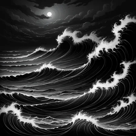 masterpiece, best quality, <lora:add-detail-xl:1> <lora:ArsMorph_-_World_of_Darkness_SDXL_Pony:0.8> ArsWorldOfDarkness An ocean of undulating darkness, waves formed from crests of deeper shadow. The shore is a gradient of dark granules, with creatures of pure black emerging from the depths.