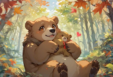 score_9, score_8_up, score_7_up, solo, (Brown) little bear, (Brown) eyes, small, sitting on hind legs, hugging a stuffed heart, facing viewer, day, forest, heart-shaped leaves, Valentine's Day theme,