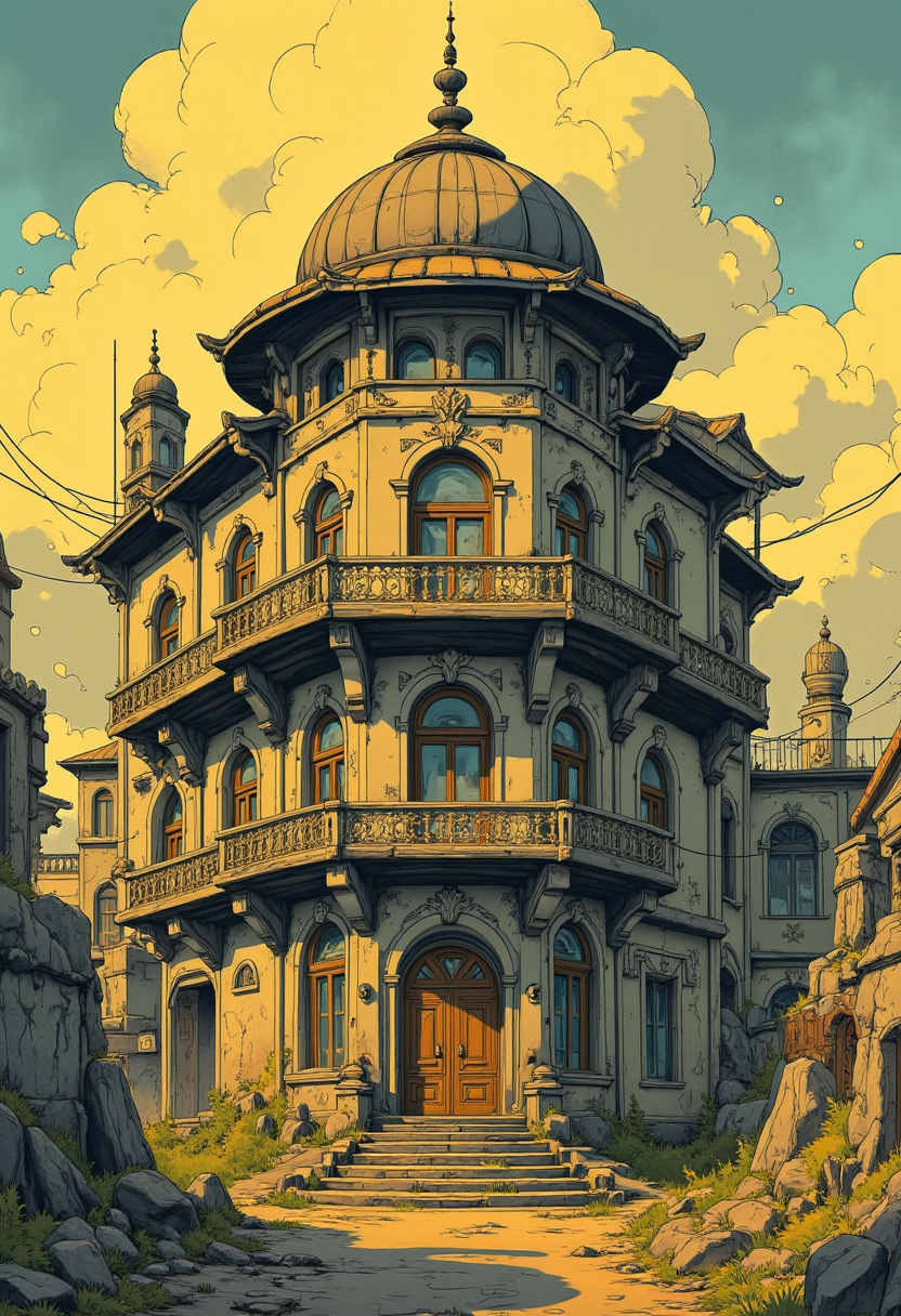Japanese Manga style Poster, Art by Thomas Haller Buchanan. A digital illustration shoot from a front camera angle about an old, dilapidated building with a large, ornate balcony and a round, domed roof lit by warm, golden light. the building is situated in the middle of the image, with its distinctive architecture and ornate details standing out against the muted colors of the sky and clouds in the background. it has multiple arched windows and a large wooden door, with a balcony on the second floor, and a clock tower on the left side. the lighting is soft and warm, casting a golden glow on the building, creating a sense of serenity and tranquility. the overall style is reminiscent of a fantasy art piece, with intricate details and a touch of realism, making it a captivating piece of art.